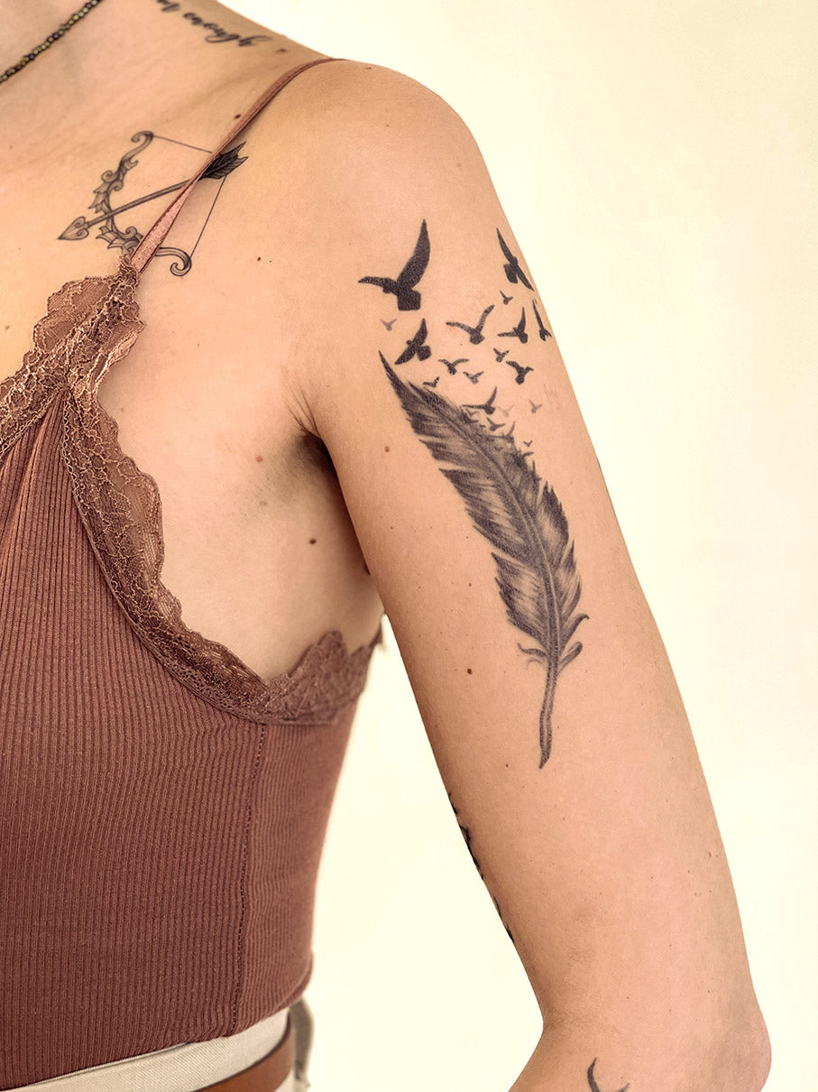 Feather with Flying Birds Tattoo