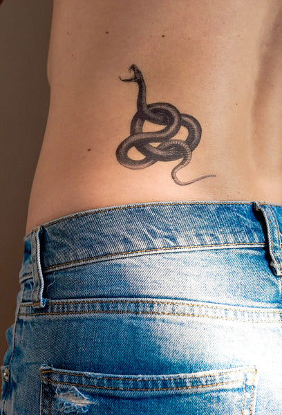 Tiny snake tattoo located on the pelvis.